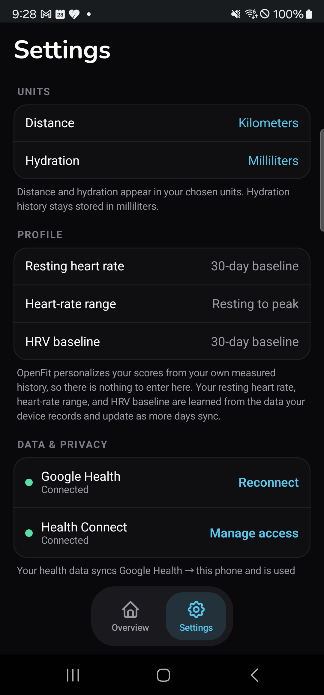 Baro settings showing Google Health connected