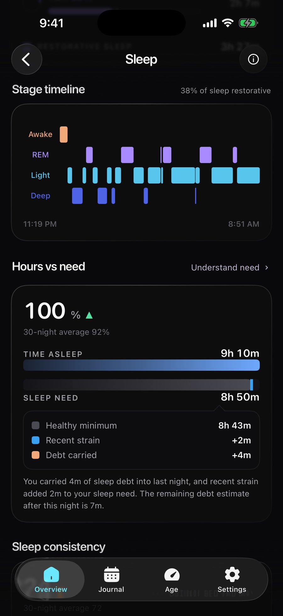 Baro Sleep with a stage timeline from 11:19 PM to 8:51 AM and hours slept against need