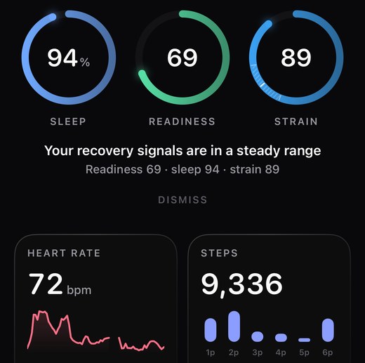 Baro Overview: Sleep 94%, Readiness 69 and Strain 89 rings above the heart rate and steps tiles