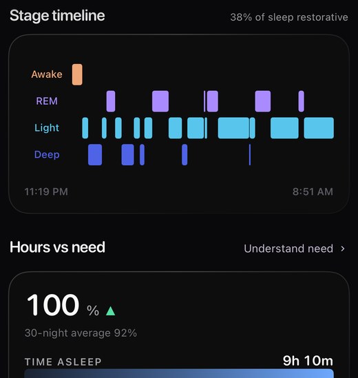 Baro Sleep: stage timeline from 11:19 PM to 8:51 AM and hours slept against need
