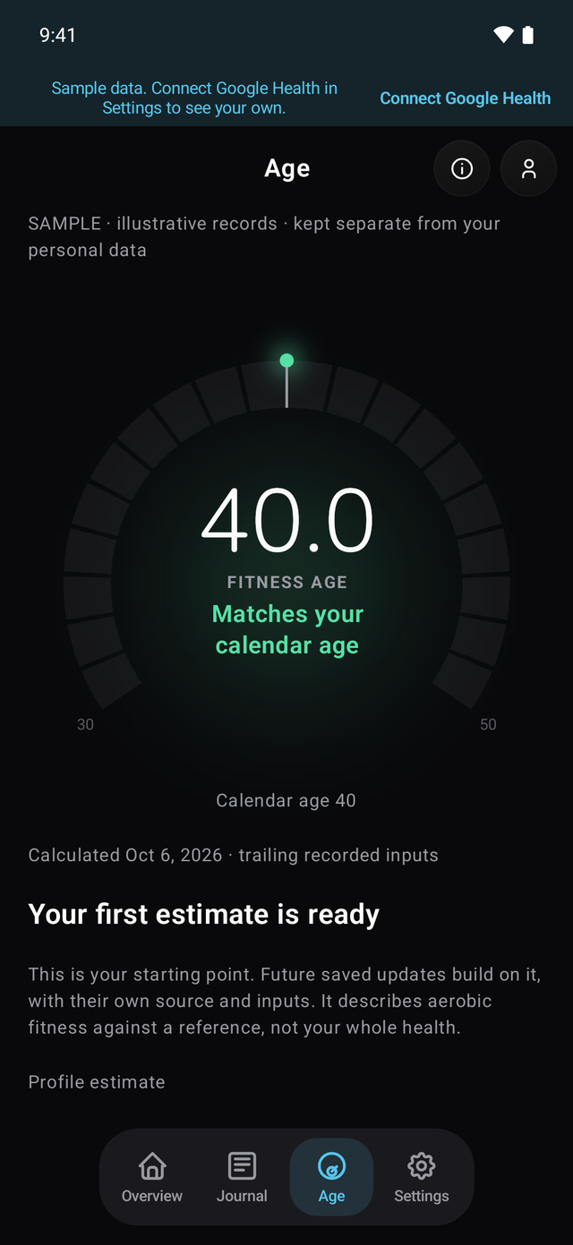 Baro Fitness Age screen on Android showing 40.0, matching a calendar age of 40, marked as sample data