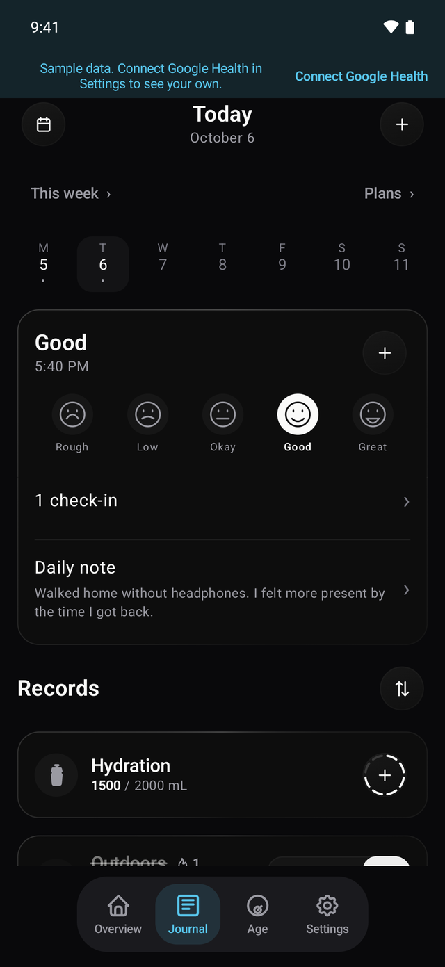 Baro journal screen on Android
