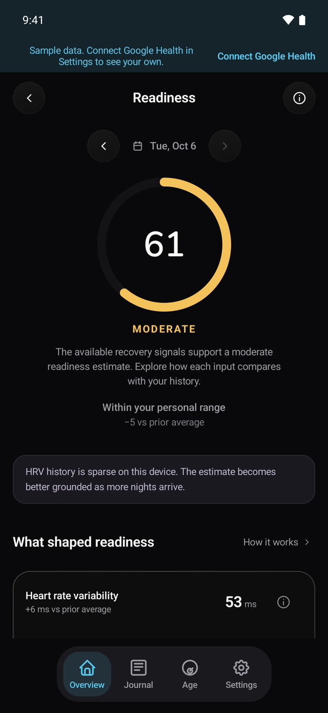 Baro readiness screen on Android