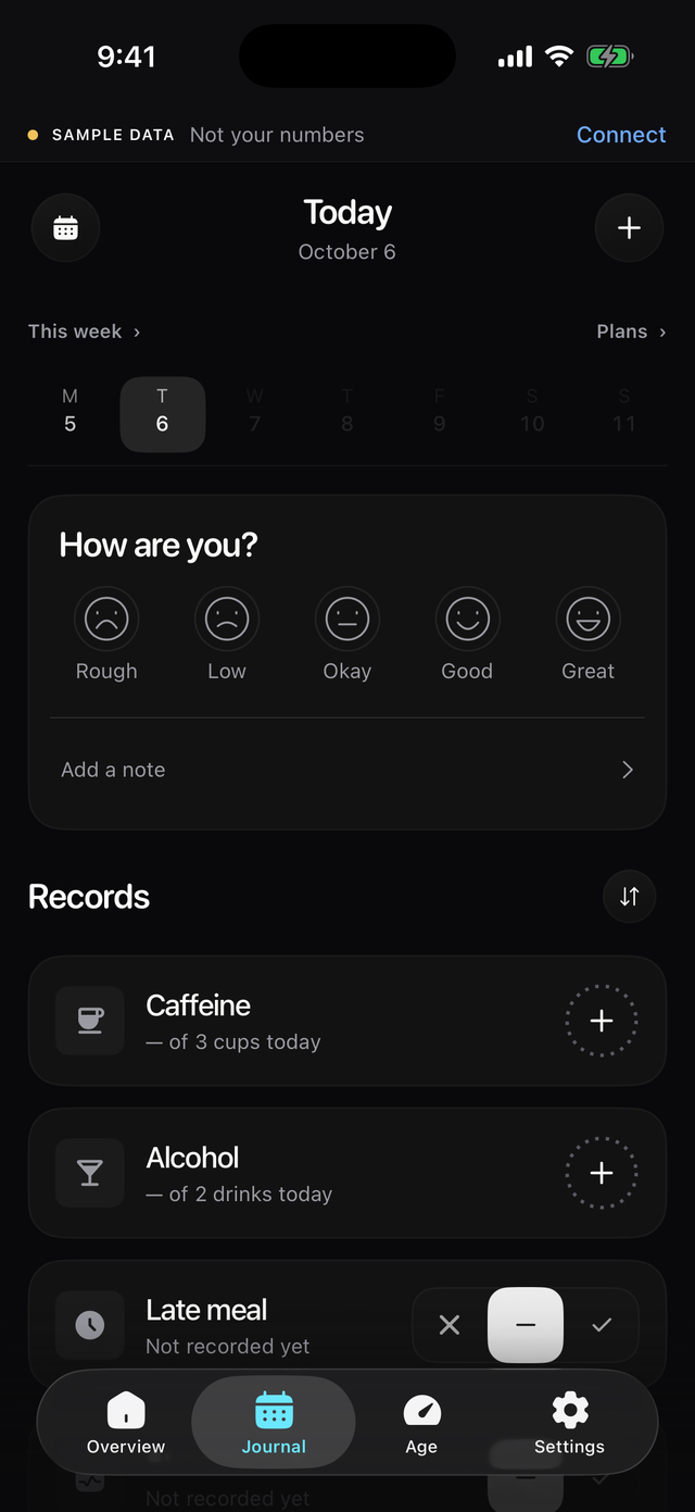 Baro journal screen showing today's mood check-in and records with goals